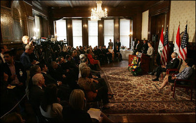 Mrs. Laura Bush delivers remarks at the launching of the Iraq Cultural Heritage Project Thursday, Oct. 16, 2008, at the Iraq Embassy in Washington, D.C. Mrs Bush said, "The United States is proud to partner with Iraq as it rebuilds its capacity to safeguard its birthplace of human civilization."