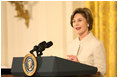 Mrs. Laura Bush addresses her remarks Monday evening, Oct. 27, 2008 in the East Room of the White House, during a celebration in honor of the 150th birthday and contributions of President Theodore Roosevelt.