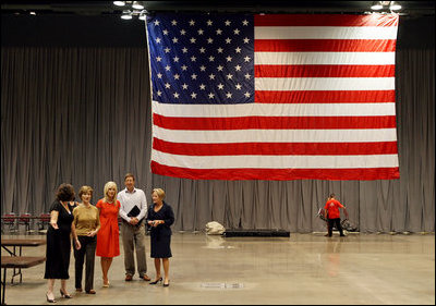 Mrs. Laura Bush and Mrs. Cindy McCain visit the Minneapolis Convention Center Monday, September 1, 2008, in an effort to bring attention to the work that volunteers are doing to support the victims of Hurricane Gustav.