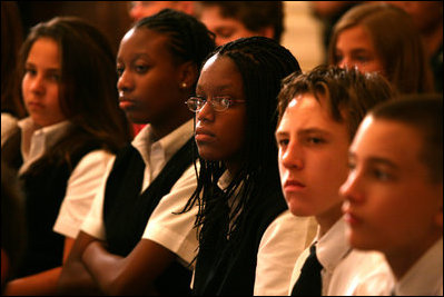 Children listen as Mrs. Laura Bush opens a performance of scenes from the National Constitutions Center's new Freedom Rising performance. The purpose of the event on Sept. 17, 2008 in the White House East Room was to make children more aware of Constitution Day and of United States history.