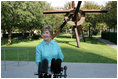 Mrs. Laura Bush addresses the media in the garden of the Nasher Sculpture Center at the conclusion of her tour of the new exhibit, Friday, Sept.19, 2008, in Dallas. Mrs. Bush said that the exhibit, which opened a few hours later, is in many ways about the relationships that Ray and Patsy Nasher had with the greatest artists of their generation - Picasso, Rodin, Oldenburg, Matisse and many others. The works had been in the Nasher home and are now at the center for enjoyment by the public.