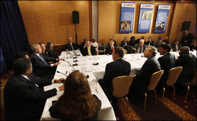 President George W. Bush and Mrs. Laura Bush participate in a drop by meeting on food security Tuesday, Sept. 23, 2008, in New York. "The United States has made a very strong and powerful commitment to help those who need food," President Bush said following his participation in the meeting.