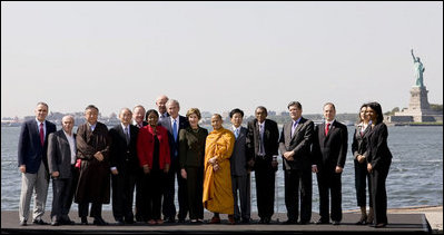 President George W. Bush and Mrs. Laura Bush participate in a photo opportunity with political dissidents Tuesday, Sept. 23, 2008, on Governors Island in New York. President Bush stated in his remarks, "Here in America, we have an obligation to help others realize the blessings of liberty. And so we want to thank you very much for your courage. We thank you for your set of beliefs that remain strong."