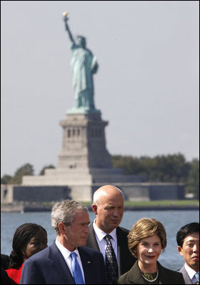 President George W. Bush and Mrs. Laura Bush participate in a photo opportunity with political dissidents Tuesday, Sept. 23, 2008, on Governors Island in New York. "I've been inspired by the stories I have heard here," said Mrs. Bush in her remarks as she noting the plight of the Burmese people and their struggle for democracy and human rights. 