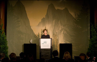 Mrs. Laura Bush addresses the National Park Foundation's "Expedition America!" Gala Wednesday, Sept. 24, 2008, at the Chelsea Piers in New York City. Mrs. Bush told her audience, "For more than 40 years, the National Park Foundation has been leading this cause as the only national charitable partner of America's parks. National parks are the backdrop for many Americans' favorite memories -- including mine. Together with the National Park Foundation, we can preserve these national wonders and ensure park visitors make new memories for generations to come."