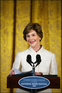 Mrs. Laura Bush delivers remarks during the National Book Festival Breakfast Saturday, Sept. 27, 2008, in the East Room of the White House. 