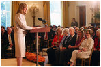 Mrs. Laura Bush and daughter Jenna Hager listen to author Jan Brett during the National Book Festival Breakfast Saturday, Sept. 27, 2008, in the East Room of the White House. 