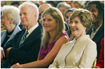 Mrs. Laura Bush and daughter Jenna Hager listen to author Jan Brett during the National Book Festival Breakfast Saturday, Sept. 27, 2008, in the East Room of the White House.