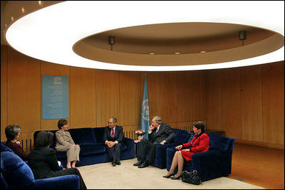 Mrs. Laura Bush visits with Director General Matsuura and other UNESCO participants while visiting Paris Monday, Jan. 15, 2007. 