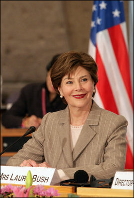 Mrs. Laura Bush, who serves as an Honorary Ambassador to the United Nations Decade of Literacy, participates in an UNESCO roundtable discussion in Paris Monday, Jan. 15, 2007. Following the White House Conference on Global Literacy held in September 2006, UNESCO is hosting upcoming regional literacy conferences in Qatar, Costa Rica, Azerbaijan and Asia. 