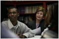 Laura Bush sits in on a Skills Mastery and Resistance Training (SMART Moves) discussion group for teens at the Germantown Boys and Girls Club Tuesday, Feb. 3, 2005 in Philadelphia, The program helps teens learn to develop decision-making skills to deal with drug and alcohol abuse and premature sexual activity.