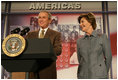 President George W. Bush and Mrs. Bush offer their welcoming remarks, Thursday, Oct. 27, 2005 at Howard University in Washington, to open the White House Conference on Helping America's Youth. 