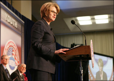 U.S. Secretary of Education Margaret Spellings addresses the audience, Thursday, Oct. 27, 2005 at Howard University in Washington, at the White House Conference on Helping America's Youth. 