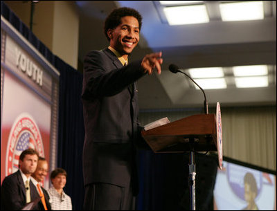 Teen dad, Jason Buck, addresses the audience, Thursday, Oct. 27, 2005 at Howard University in Washington, at the White House Conference on Helping America's Youth. 