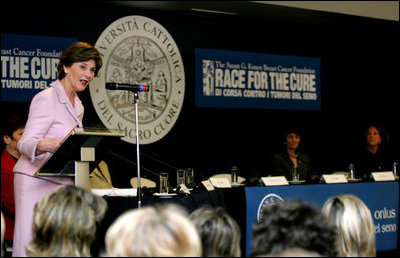 Mrs. Laura Bush delivers remarks after participating in a roundtable discussion with doctors and breast cancer survivors, Thursday, Feb. 9, 2006 at the Gemelli Hospital in Rome, sponsored by The Susan G. Komen Breast Cancer Foundation. White House photo by Shealah Craighead 