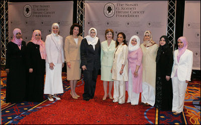 Mrs. Laura Bush joins Nancy Brinker, founder of the Susan G. Komen Breast Cancer Foundation, fourth from left, and women from Saudi Arabia and the United Arab Emirates, Monday, June 12, 2006, at the Susan G. Komen Breast Cancer Foundation’s 2006 Mission Conference in Washington, D.C. Mrs. Bush announced the U.S.-Middle East Partnership for Breast Cancer Awareness and Research which allows governments, hospitals, researchers, and survivors to work with each other to help defeat breast cancer. White House photo by Shealah Craighead .