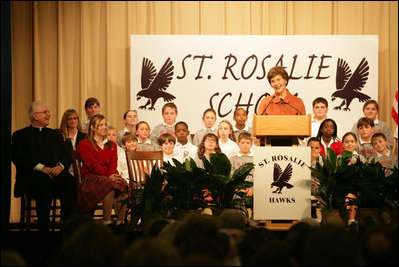 Mrs. Laura Bush addresses the students, faculty and invited guests during her visit to the St. Rosalie School, Tuesday, Jan. 9, 2007, in Harvey, Louisiana, where Mrs. Bush toured the school’s rebuilding progress following Hurricane Katrina, including the school’s newly re-opened and renovated library.