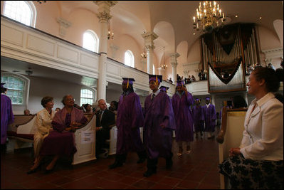 Mrs. Laura Bush attends the sixth grade graduation ceremony of the Elsie Whitlow Stokes Community Freedom Public Charter School Friday, June 15, 2007, at All Souls Unitarian Church in Washington, D.C. "Nine years ago, your school was established to honor the legacy of Elsie Whitlow Stokes -- an Arkansas elementary-school teacher who, over the course of 36 years, helped thousands of young people become responsible, compassionate citizens," said Mrs. Bush in her commencement address.