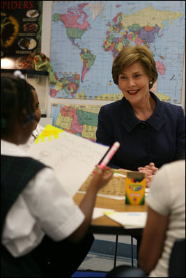 Mrs. Laura Bush visits with students at the Good Shepherd Nativity Mission School, Thursday, Nov. 1, 2007 in New Orleans, a Helping America's Youth visit with Big Brother and Big Sisters of Southeast Louisiana. Mrs. Bush thanked the group saying,"We know that positive role models are essential to young people's success." 