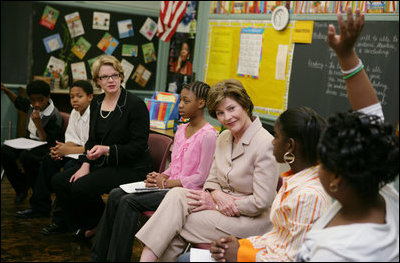 Mrs. Laura Bush and U.S. Secretary of Education Margaret Spellings visit the Sixth Grade Language Arts Class at the Avon Avenue Elementary School, Thursday, March 16, 2006 in Newark, N.J., where Mrs. Bush announced a Striving Readers grant to Newark Public Schools.