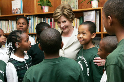 Mrs. Laura Bush meets with students during her visit to Our Lady of Perpetual Help School in Washington, Monday, June 5, 2006, where she announced a Laura Bush Foundation for America's Libraries grant to the school.