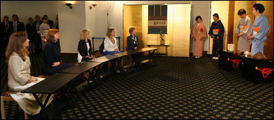 Mrs. Laura Bush participates in an Urasenke Tea Ceremony during a traditional Japanese cultural program for spouses of G8 leaders Monday, July 7, 2008, at the Windsor Hotel Toya Resort and Spa in Toyako, Japan. Mrs. Kiyoka Fukuda, right, wife of the Prime Minister of Japan, leads the discussion. Spouses from left are Mrs. Margarida Uva Barosso, wife of the President of the European Commission; Mrs. Sarah Brown, wife of the Prime Minister of the United Kingdom; Mrs. Laureen Harper, wife of the Prime Minister of Canada; Mrs. Svetlana Medvedeva, wife of the President of Russia; and Mrs. Laura Bush who accompanied President George W. Bush on the trip.