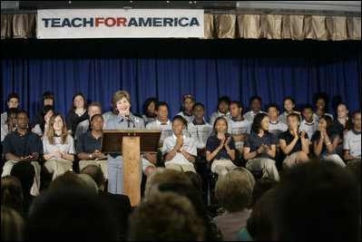 Mrs. Laura Bush delivers remarks at the New Orleans Charter Science and Mathematics High School Thursday, April 19, 2007, in New Orleans, La. "Schools are essential to the recovery that's under way," said Mrs. Bush. "And we know that young people who have suffered trauma heal best when they can resume a normal routine at their own school."