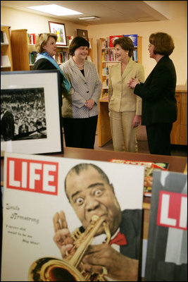 Mrs. Laura Bush and U.S. Secretary of Education Margaret Spellings meet with school officials to talk about the The Laura Bush Foundation for America's Libraries' Gulf Coast Library Recovery Initiative grant announcement at the St. Bernard Unified School Wednesday, May 3, 2006 in Chalmette, La. White House photo by Kimberlee Hewitt 