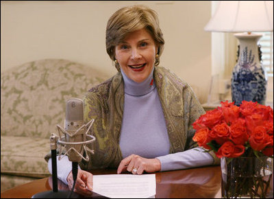  Taking the opportunity to speak about American Heart Month, Mrs. Laura Bush delivers the weekly radio address from her office in the White House. Said Mrs. Bush, "This American Heart Month, all of us can be Heart Truth ambassadors. Start by protecting your own heart, and spread the word to others. February is a month known for Valentines. This February, encourage your loved ones to take care of their health. It's the best Valentine's gift you could possibly give."