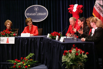 Mrs. Laura Bush and Mrs. Nancy Reagan listen to Lori Kupetz, heart disease survivor, during a panel discussion at the Reagan Presidential Library and Museum Wednesday, Feb. 28, 2007, in Simi Valley, Calif. Since the Heart Truth campaign began five years ago, more women are aware that heart disease is the 