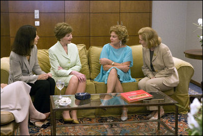 Mrs. Laura Bush talks with Mrs. Marisa Leticia da Silva, wife of President Luiz Inacio Lula da Silva of Brazil at the Hilton Sao Paulo Morumbi hotel, Sao Paulo, Brazil, Friday, March 9, 2007. White House photo by Shealah Craighead