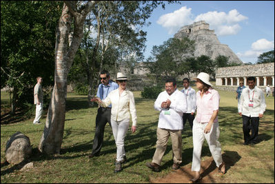 Mrs. Laura Bush and Mrs. Margarita Zavala, wife of President Felipe Calderon of Mexico, tour Mayan ruins in Uxmal, Mexico Tuesday, March 13, 2007. White House photo by Shealah Craighead