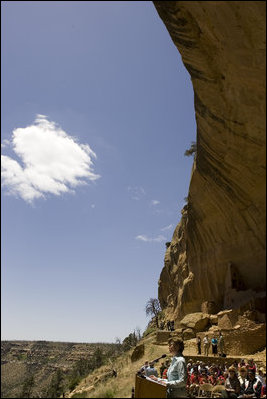 Mrs. Laura Bush speaks from Long House cliff dwelling, Thursday, May 23, 2006, in the western portion of Mesa Verde National Park, Mesa Verde, Colorado. Long House was excavated between 1959 and 1961 as part of the Westerill Mesa Archeological Project. White House photo by Shealah Craighead 