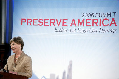 Mrs. Laura Bush addresses the Preserve America Summit at the U.S. Custom House in New Orleans, La., Thursday, Oct. 19, 2006. "By creating institutions like the Advisory Council on Historic Preservation, the State Historic Preservation Offices, and the National Register of Historic Places, the National Historic Preservation Act has saved priceless artifacts of American history, and led to four terrific decades of preservation work throughout the United States," said Mrs. Bush. White House photo by Shealah Craighead 