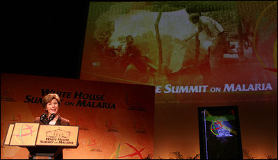 Mrs. Laura Bush addresses her remarks at the first-ever White House Summit on Malaria, Thursday, Dec. 14, 2006, at the National Geographic Society in Washington, D.C. The President’s Malaria Initiative, a five-year $1.2 billion program to eradicate malaria in 15 countries, announced at the summit that it will launch a further $30 million Malaria Communities Program to build independent, sustainable malaria-control projects in Africa. White House photo by Shealah Craighead 