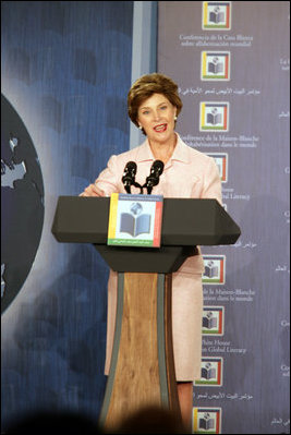 Mrs. Laura Bush delivers opening remarks Monday, Sept. 18, 2006, during the White House Conference on Global Literacy. The program was held at the New York Public Library. White House photo by Shealah Craighead 