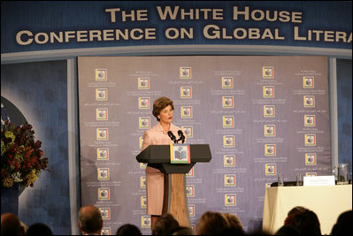 Mrs. Laura Bush delivers opening remarks Monday, Sept. 18, 2006, during the White House Conference on Global Literacy, held at the New York Public Library. The program underscores the need for sustained global and country level leadership in promoting literacy. White House photo by Shealah Craighead 