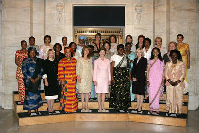 Mrs. Laura Bush stands with the first spouses who are participating in The White House Conference on Global Literacy Monday, Sept. 18, 2006, at The New York Public Library in New York City. The conference was organized to promote greater international involvement and new public/private partnerships in the global literacy efforts. White House photo by Shealah Craighead 