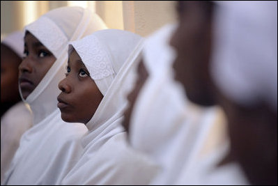 A young participant listens during an HIV/AIDS roundtable discussion with Mrs. Laura Bush and Mrs. Salma Kikwete, First Lady of Tanzania, Sunday, Feb. 17, 2008, in Dar es Salaam.