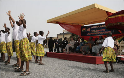 Mrs. Laura Bush attends a children's dance performance during welcome ceremonies Wednesday, Feb. 20, 2008, in honor of Mrs. Bush's visit to the Maamobi Polyclinic health facility in Accra, Ghana.