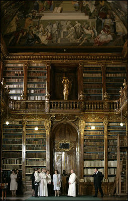 Mrs. Laura Bush and Mrs. Livia Klausova, First Lady of the Czech Republic, tour the Strahov Archives and Library Tuesday, June 5, 2007, in Prague. More than 800 years old, it is home to more than 16,000 books.