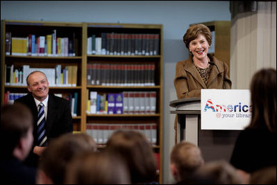 Mrs. Laura Bush delivers remarks Wednesday, June 6, 2007, at the Schwerin City Library in Schwerin, Germany. Said Mrs. Bush, "Our countries -- the United States and Germany -- are friends today because we both treasure freedom and we share a deep love of learning. I hope that new ties of friendship will form between Germany and the United States as a result of America @ Your Library." 