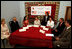 Mrs. Laura Bush participates in a roundtable discussion Sunday, June 10, 2007, at the Women's Wellness Center at Queen Geraldine Hospital Obstetrics and Gynecology in Tirana, Albania.