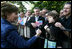 Mrs. Laura Bush is greeted by well-wishers Monday, June 11, 2007, during arrival ceremonies in Sofia's Nevsky Square. The Bulgaria stop was the last on a weeklong, six-country European visit by the President and Mrs. Bush.