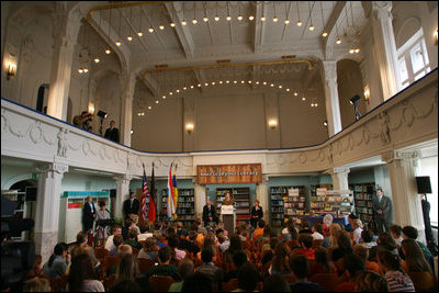 Mrs. Laura Bush delivers remarks Wednesday, June 6, 2007, at the Schwerin City Library in Schwerin, Germany. Said Mrs.Bush, "Our countries -- the United States and Germany -- are friends today because we both treasure freedom and we share a deep love of learning. I hope that new ties of friendship will form between Germany and the United States as a result of America@Your Library."