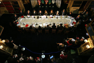 Mrs Laura Bush joins members of the U.S.-Afghan Women's Council for a roundtable discussion Thursday, January 17, 2008, at Georgetown University in Washington, D.C. The U.S.-Afghan Women's Council promotes education, literacy, political participation, economic participation, and access to healthcare for women and children of Afghanistan.