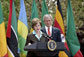 Mrs. Laura Bush is joined by President George W. Bush as she delivers remarks during a ceremony marking Malaria Awareness Day Wednesday, April 25, 2007, in the Rose Garden.