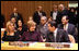 Mrs. Laura Bush speaks with Panama's President Martin Torrijos at the United Nations Thursday, Jan. 31, 2008, during a UN-UNICEF ceremony honoring Panamanian First Lady Mrs. Vivian Fernandez de Torrijos. Mrs. Bush congratulated President Torrijos on Panama taking the position as president of the UN Security Council and highlighted the importance of international action to support freedom in Burma. With them is Jenna Bush, daughter of President George W. Bush and Mrs. Bush.