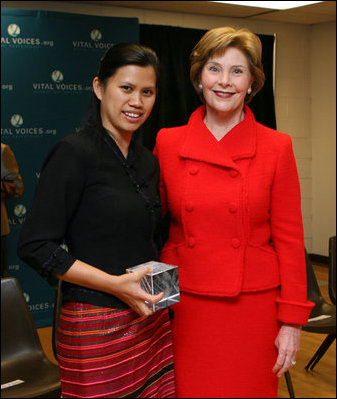 Mrs. Laura Bush poses for a photo with Charm Tong following the 2008 Vital Voices Global Leadership Awards Gala Monday, April 7, 2008, at The John F. Kennedy Center for Performing Arts in Washington, D.C. Mrs. Bush presented Charm Tong with the 2008 Vital Voices Global Leadership Award for her dedication in co-founding SWAN, the Shan Women's Action Network and established a school for Shan State youth who have fled Burma for Thailand.