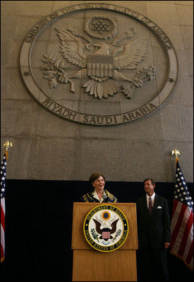 Mrs. Laura Bush addresses U.S. embassy staff Tuesday, Oct. 23, 2007, during her visit to Riyadh, Saudia Arabia.